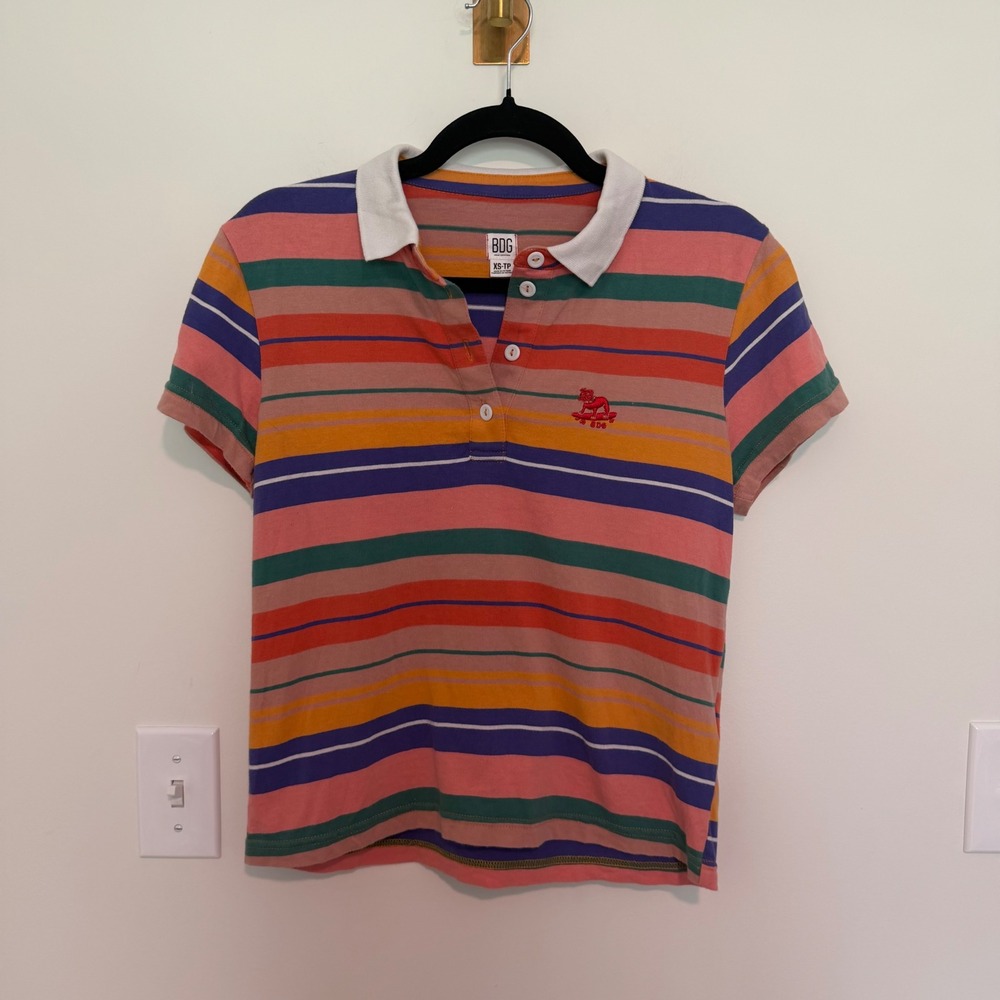 BDG Urban Outfitters Womens XS Striped Polo Shirt Multi Color Skater Dog Graphic